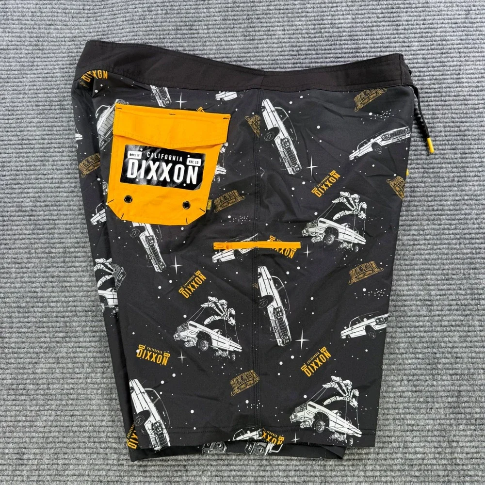 Dixxon Flannel Co Low Places Board Shorts Men 40 Lowrider Car Print Black Yellow